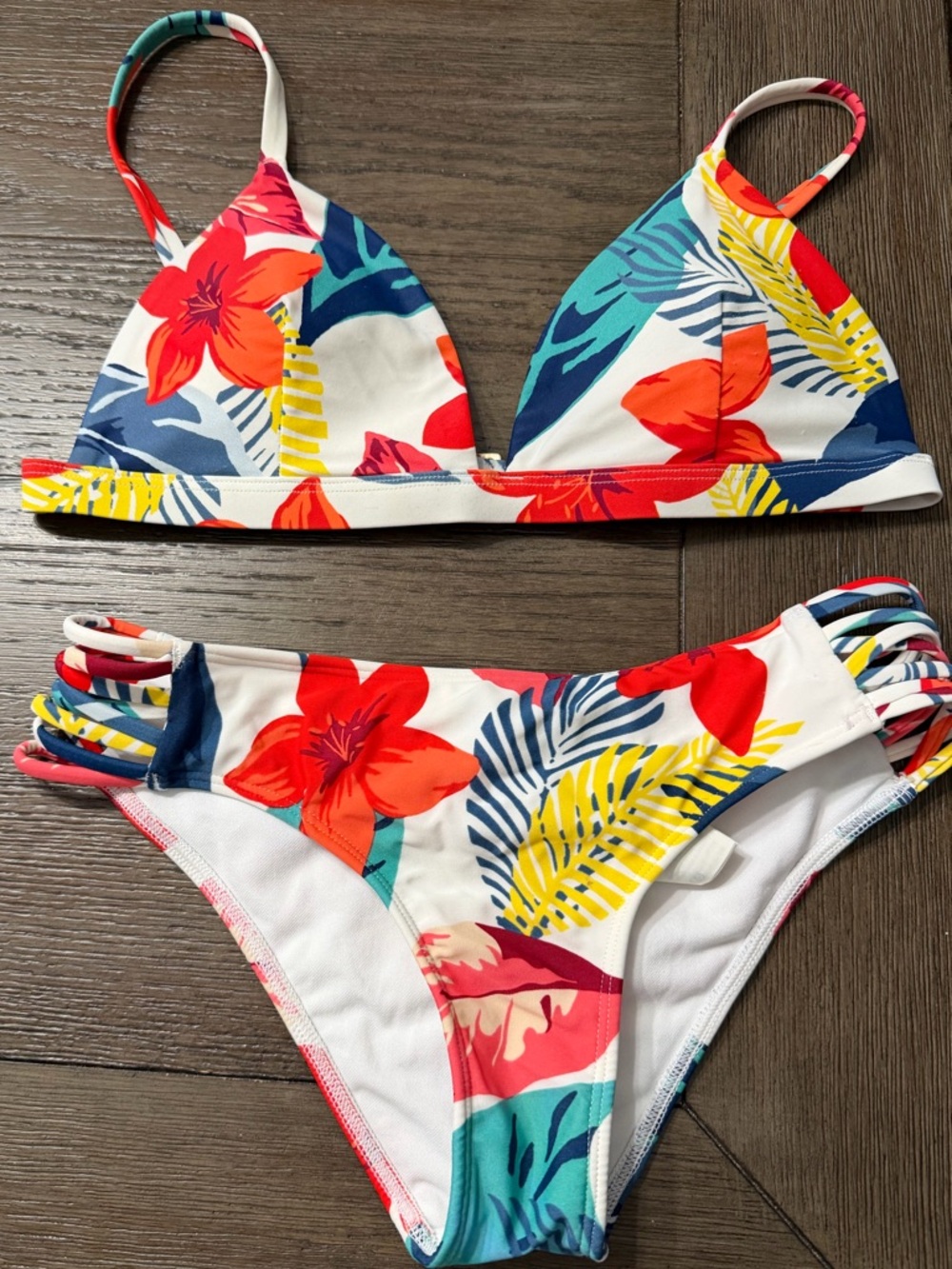 Hollister White Floral Tropical Bikini Set with Red and Yellow Accents